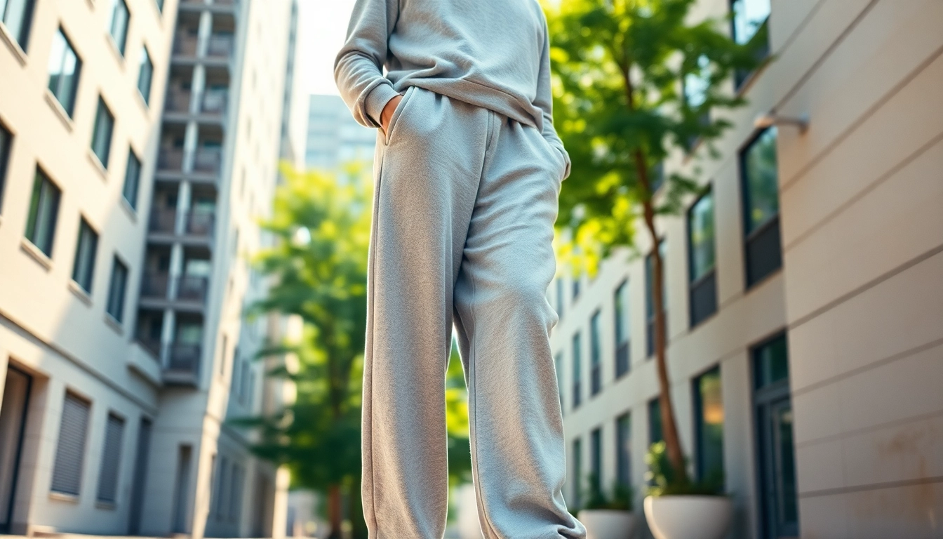 Model showcasing stylish baggy sweatpants in an urban setting with natural lighting.