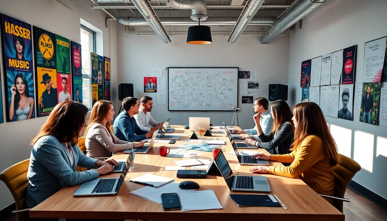 Team collaborating at the best music pr company, showcasing professionalism and creativity.