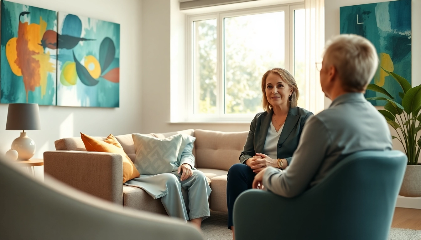 Compassionate psychiatrist engaging with a client in a serene therapy room environment.