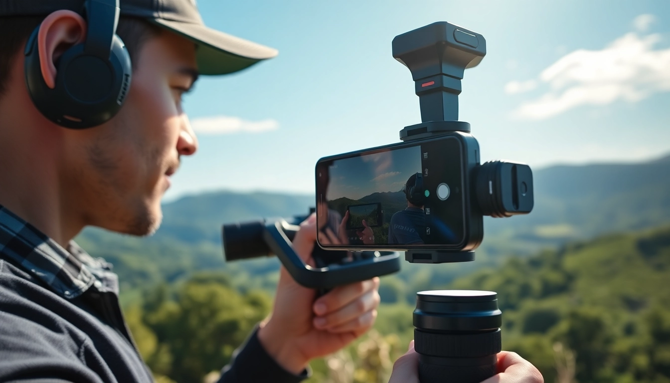 Capture smooth footage with a professional gimbal for iPhone in a vibrant outdoor setting.