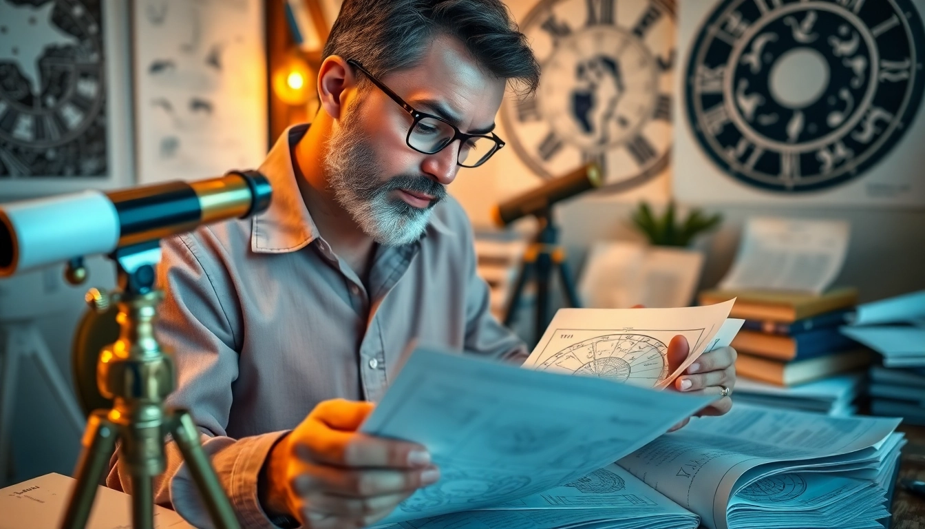Analysiere personalisierte Horoskope mit einem Astrologen in einem einladenden Raum.