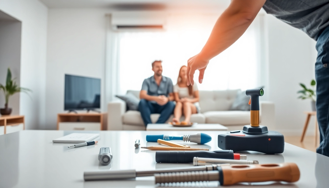 Informative air conditioning replacement process by a technician in a cozy living room setting.