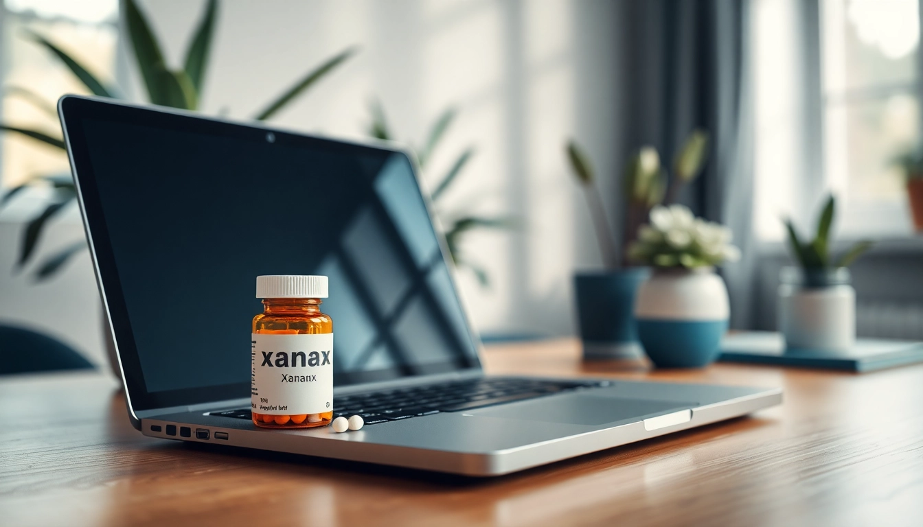 Buy Xanax prescription bottle beside an open laptop in a serene workspace.