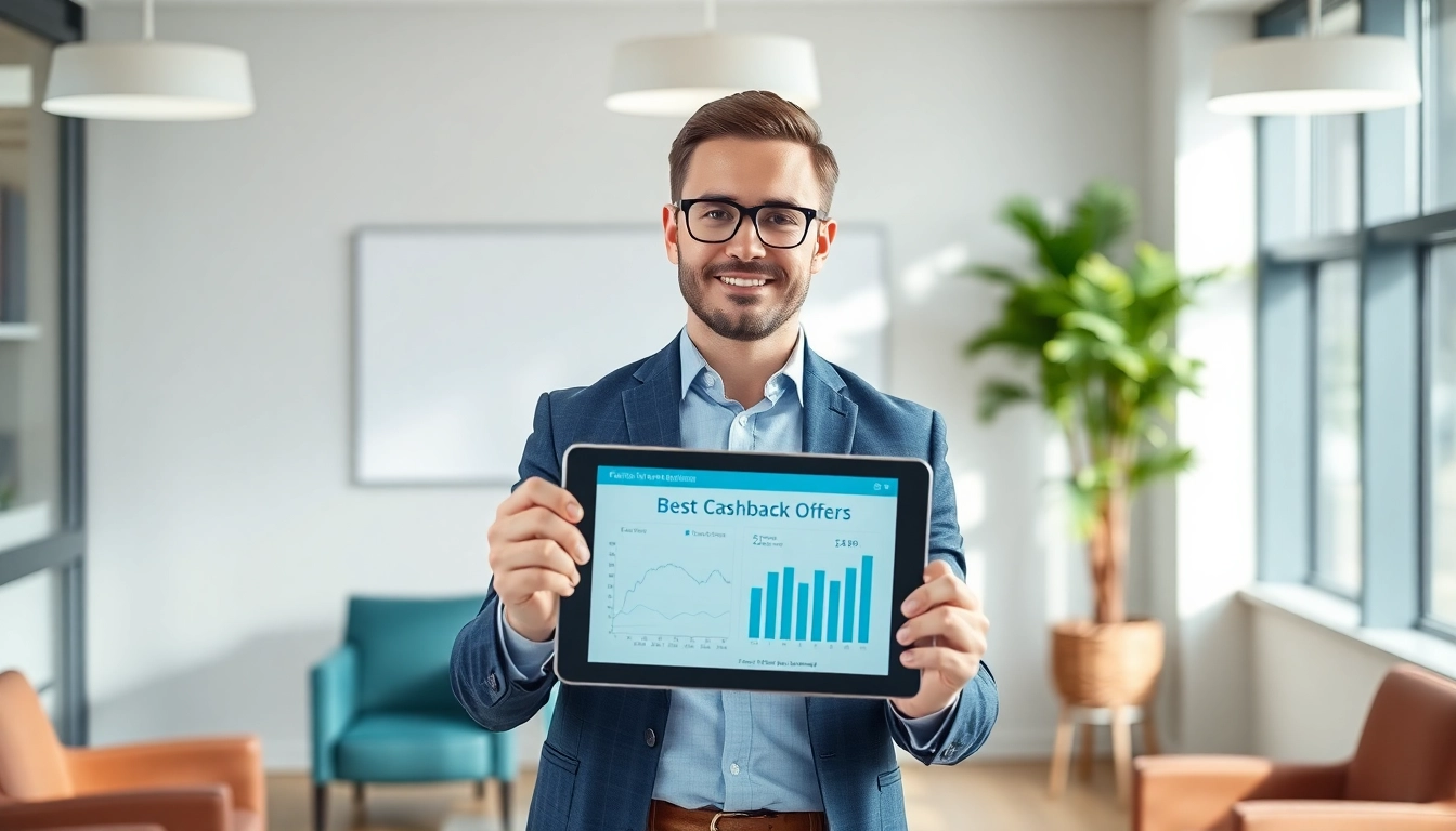 Explore best cashback offers with a knowledgeable financial advisor showcasing options on a tablet.