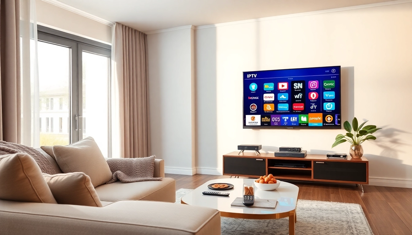 Comprar IPTV en una configuración moderna de sala de estar con televisor y decoración atractiva.