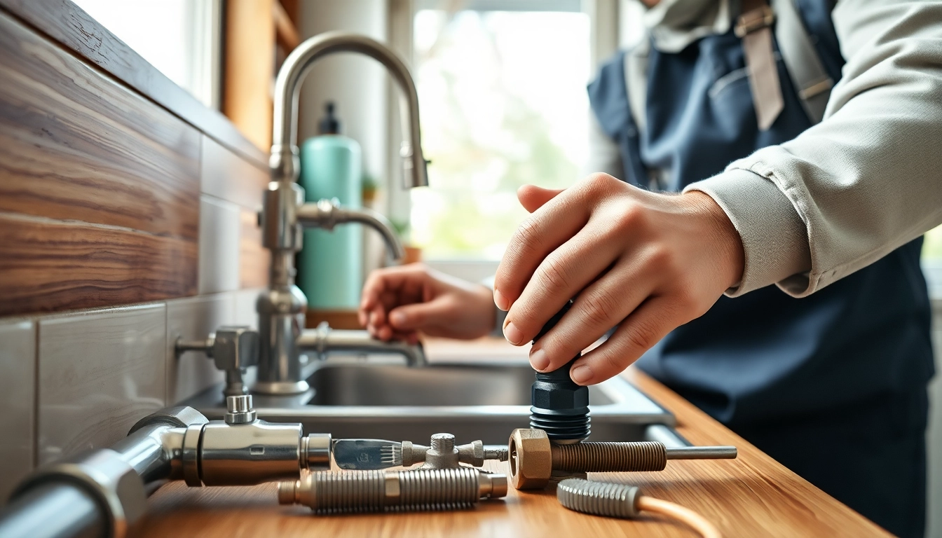 Plumber working expertly on repairs for plumbers wake forest in a residential kitchen.