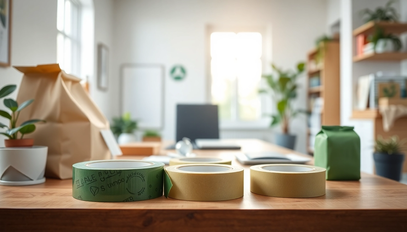 Highlighting recyclable tape in a sustainable office environment with eco-friendly packaging materials.