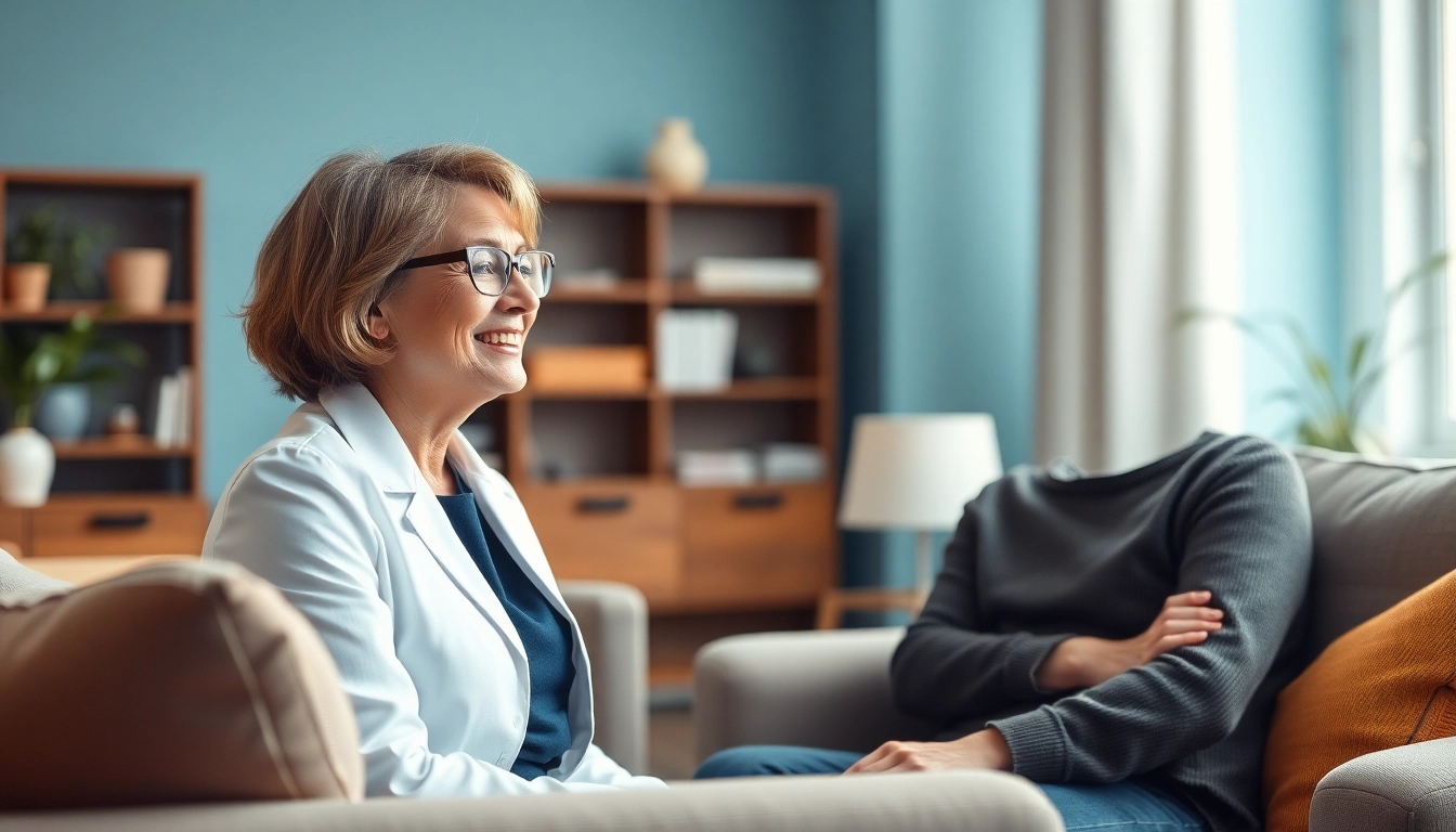 Psychiatrist engaging with a patient in a calming session environment.