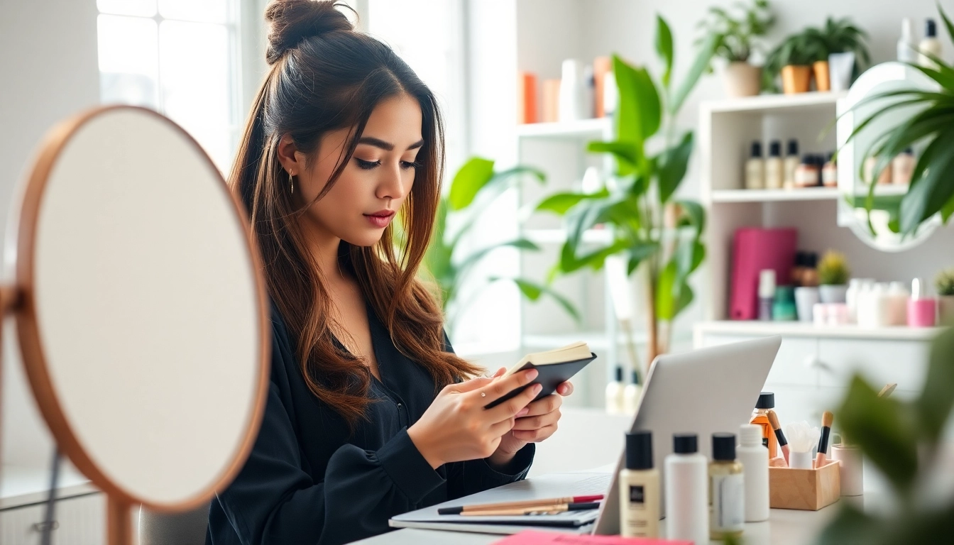 Engaging beauty blogger sharing insights on https://cosmeticsarenas.com with vibrant cosmetics around.