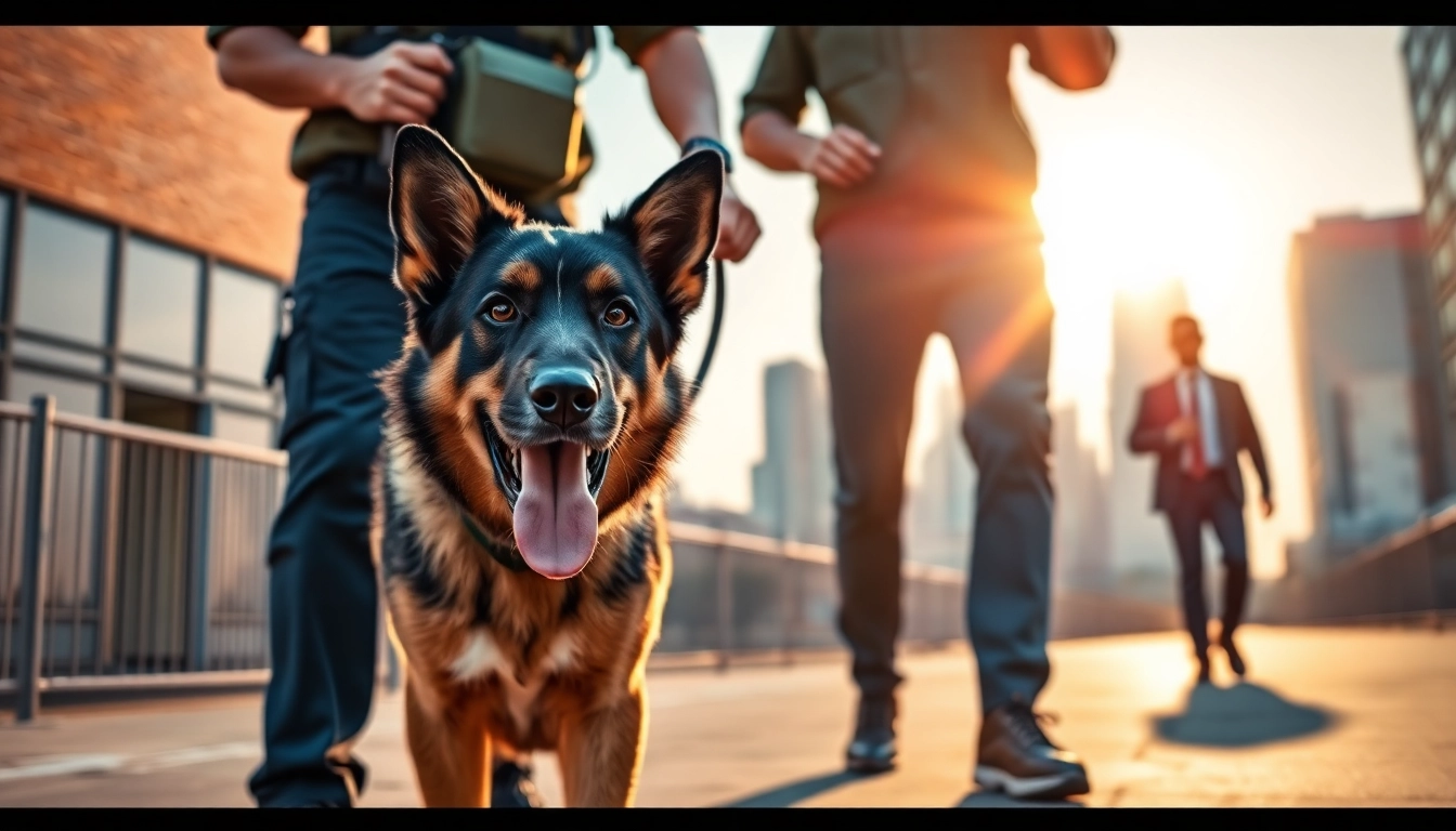 Security Dog Services Leicester with a professional team handling trained dogs in an urban setting.