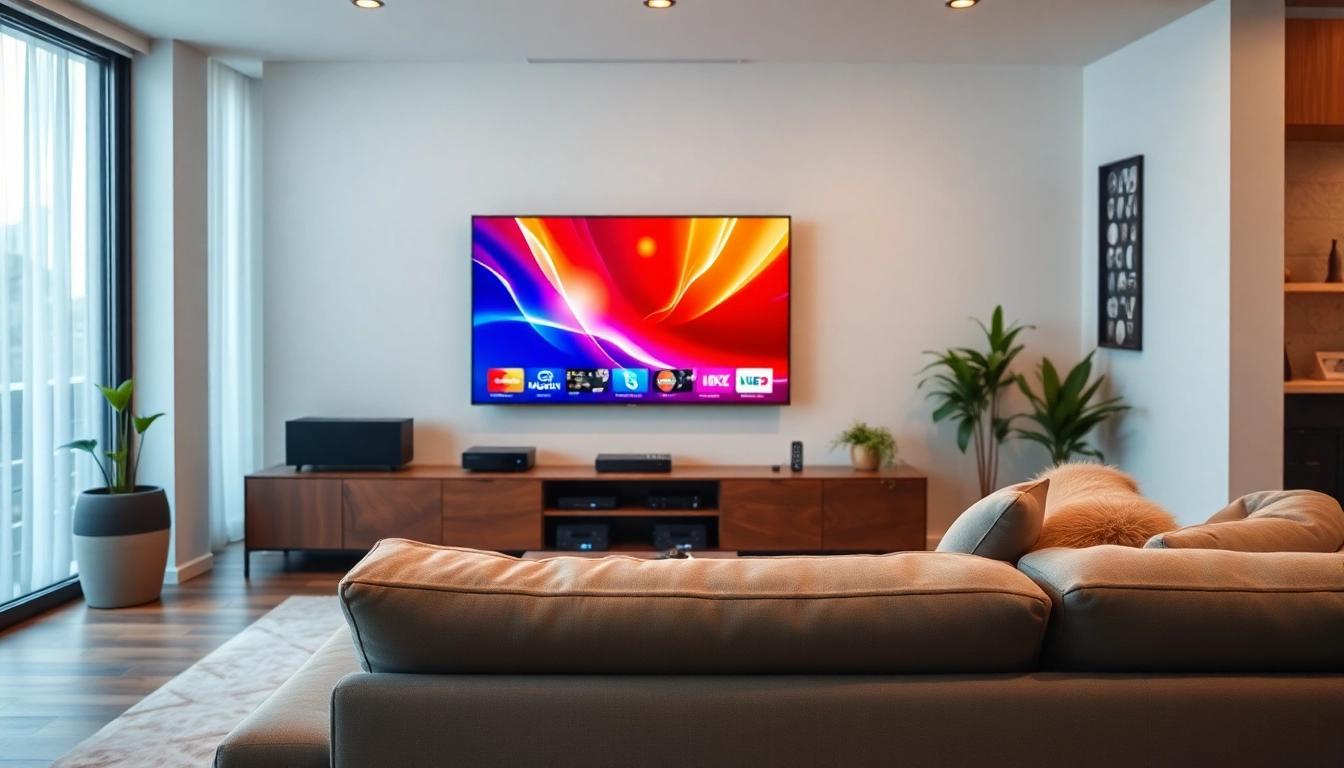 Comprar IPTV en una sala de estar moderna con un televisor grande y vibrantes canales en pantalla.