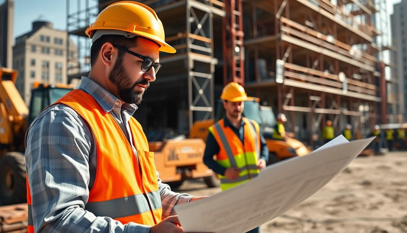 Highlighting a professional Manhattan Commercial General Contractor reviewing blueprints on a bustling construction site.