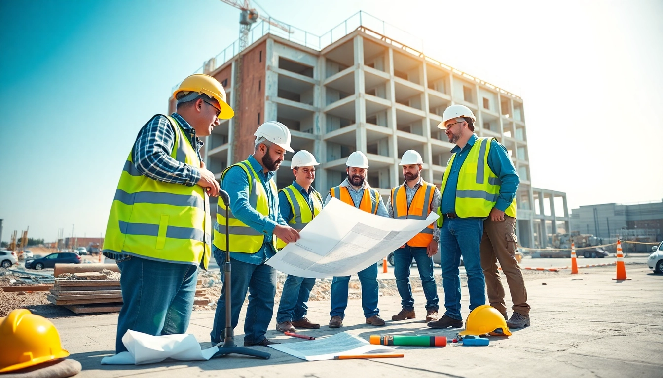 Construction workers collaborating at a site by New Jersey Commercial General Contractor, showcasing teamwork and focus.