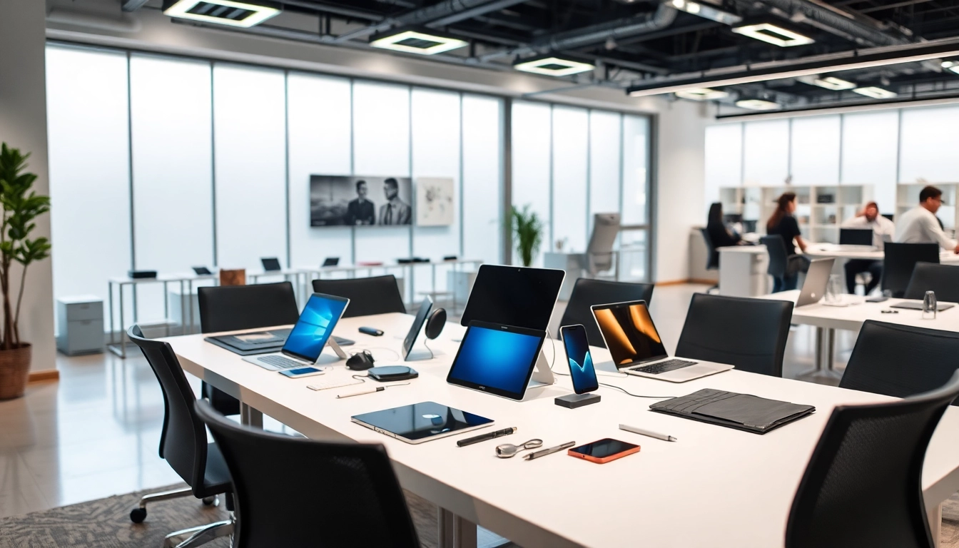 Mayorista tecnológico exhibe productos de alta gama como laptops y tabletas en un ambiente profesional.