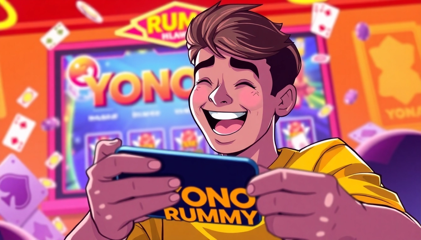 Players enjoy YONO RUMMY on their devices, surrounded by colorful gaming elements and excitement.