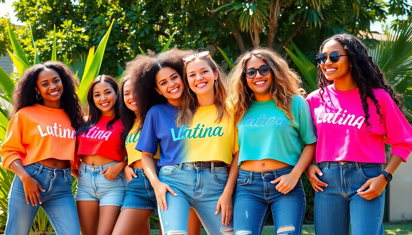 Latina Clothing Brand Latin clothing featured in a lively outdoor photoshoot with diverse models.