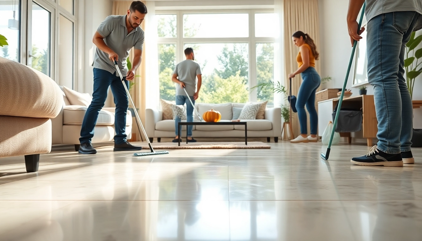 Professional bond cleaning Logan team efficiently transforming a living room.