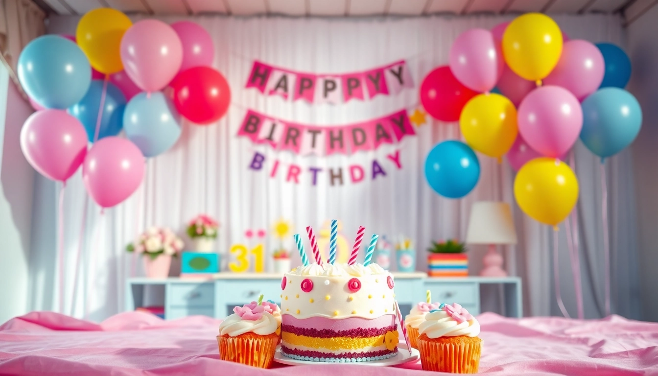 Customizable birthday party setup featuring colorful decorations, personalized banners, and a festive cake.