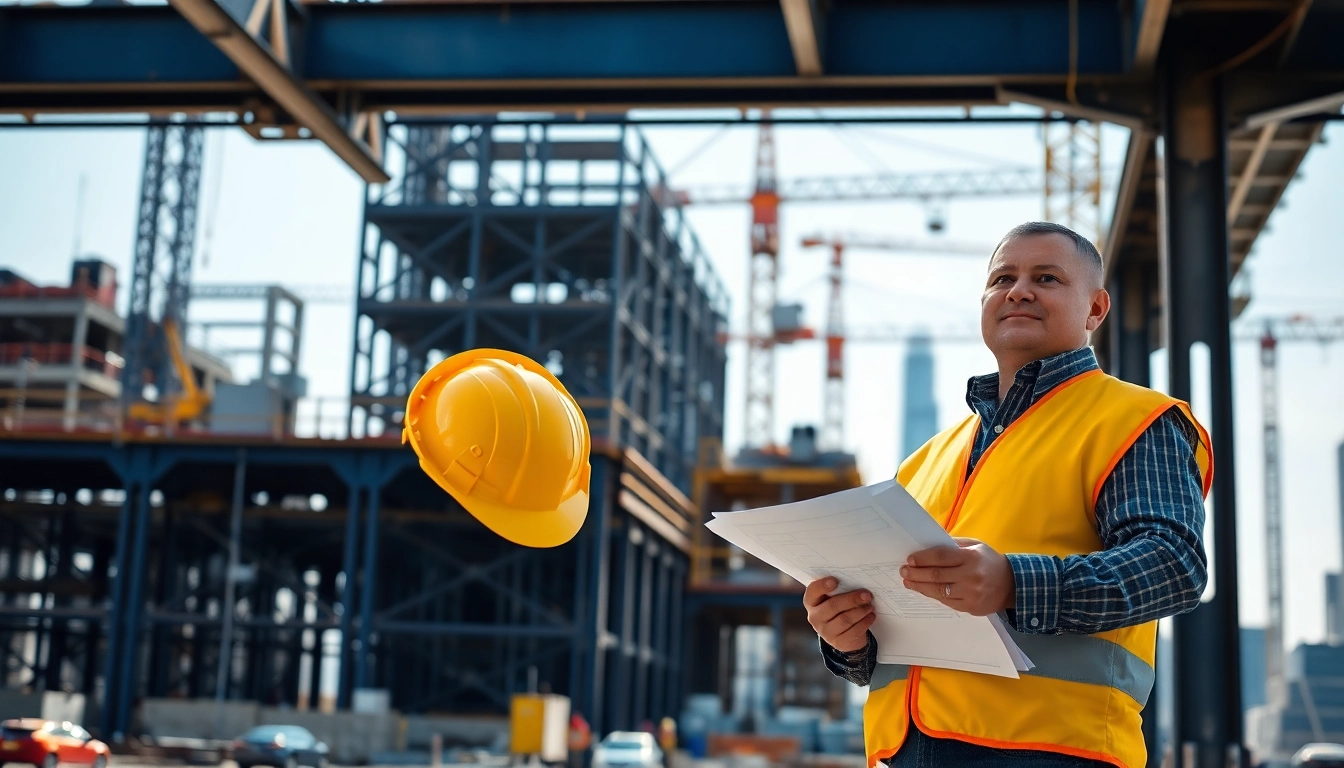 New York Construction Manager confidently leading a busy construction site with cranes and workers.