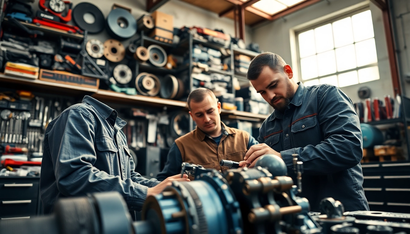 Inspecting Jerr Dan Parts with mechanics collaborating in a workshop setting.