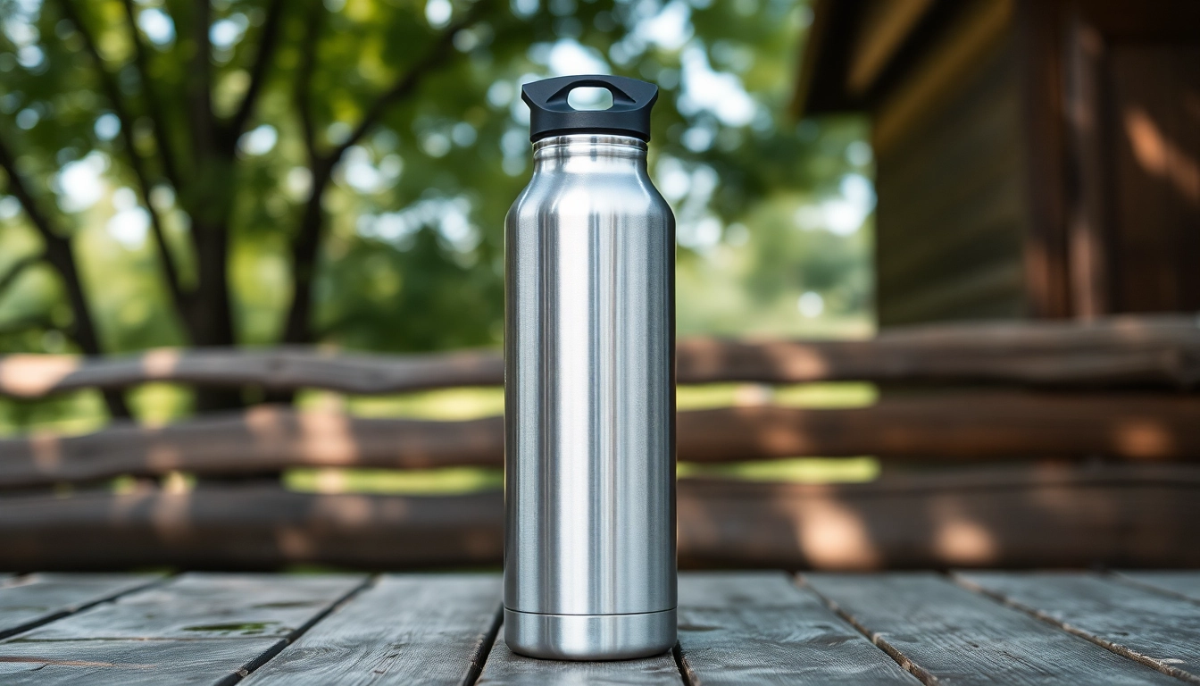 Feature an insulated stainless steel water bottle with condensation on its surface, set on a rustic wooden table.