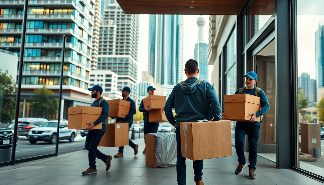 Local Toronto movers efficiently transporting belongings into a modern building, showcasing professionalism and teamwork.