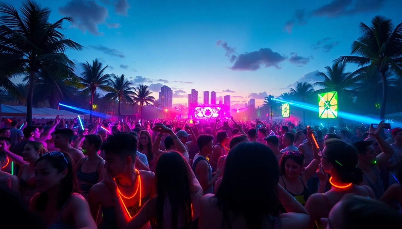 Experience the energy of a vibrant miami rave festival with crowds and colorful lights.