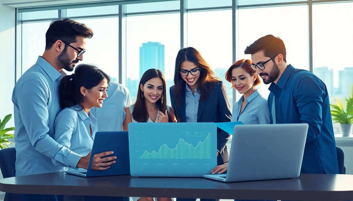 Team of professionals strategizing for a search optimization company in a bright office environment.