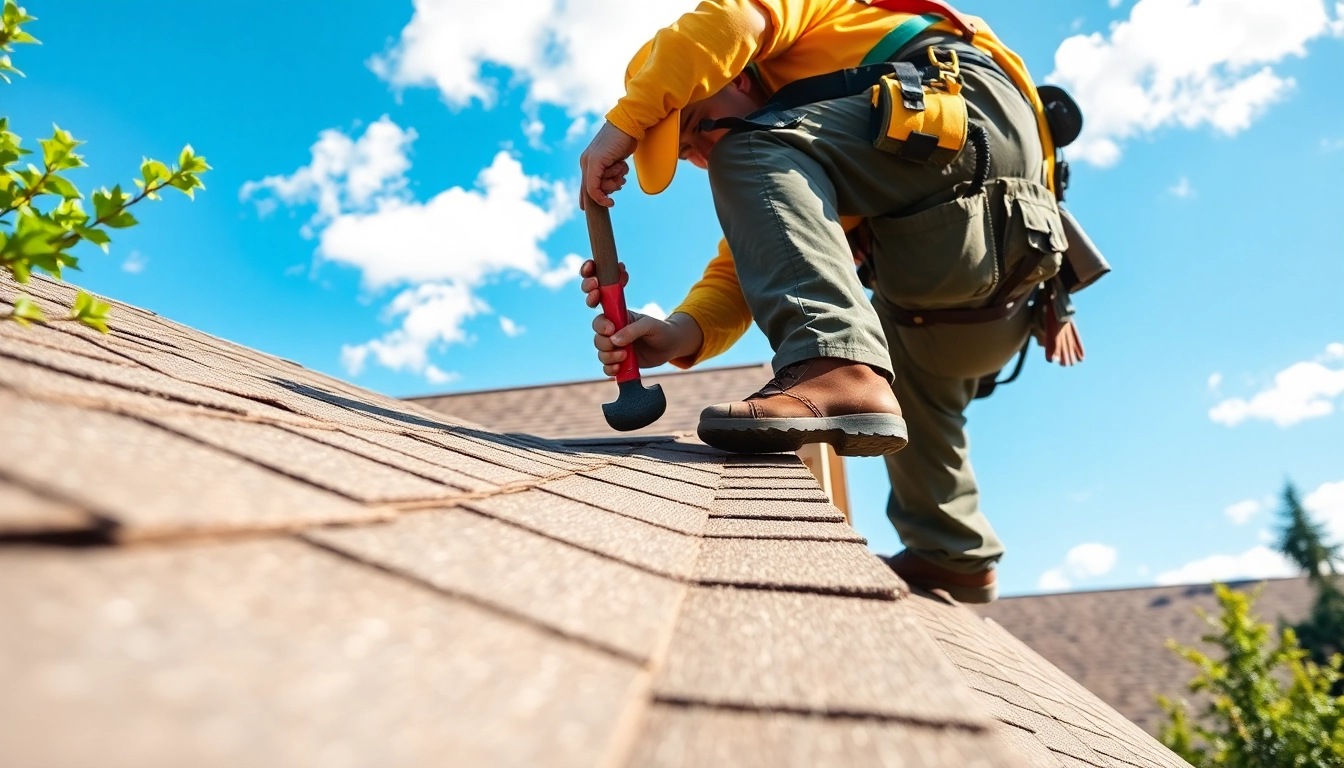 Roof repair Vancouver Wa expert working on shingle repairs under a sunny sky.