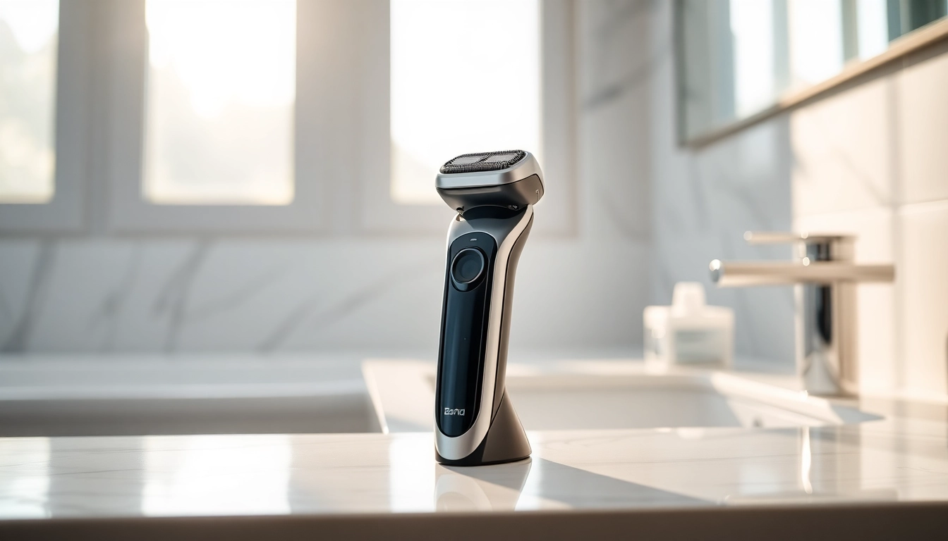 Showcasing an electric shaver for sensitive skin on a countertop, highlighting its smooth texture and modern design.