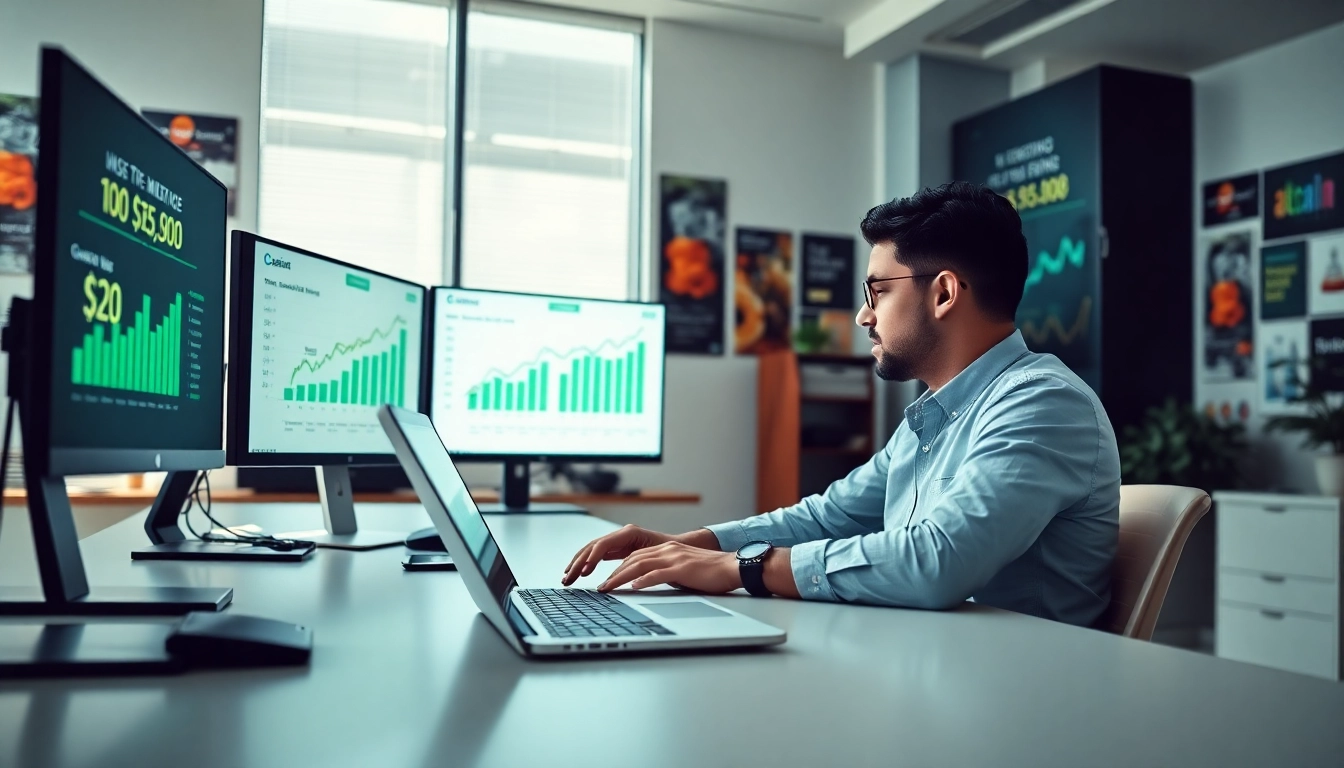 Marketer analyzing data for casino affiliate success in a modern office setting.