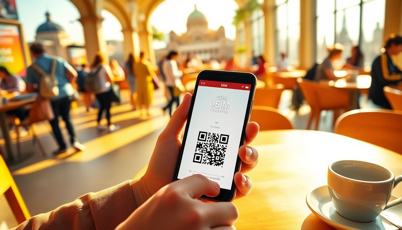 Traveler setting up esim for travel at a café while surrounded by a travel map and coffee.