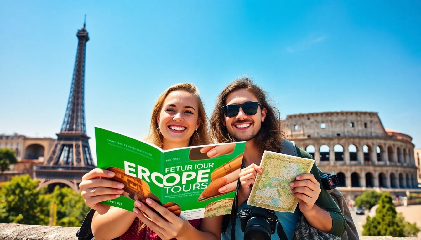 Engaged couple showcasing an exciting europe tour package from malaysia with European landmarks.