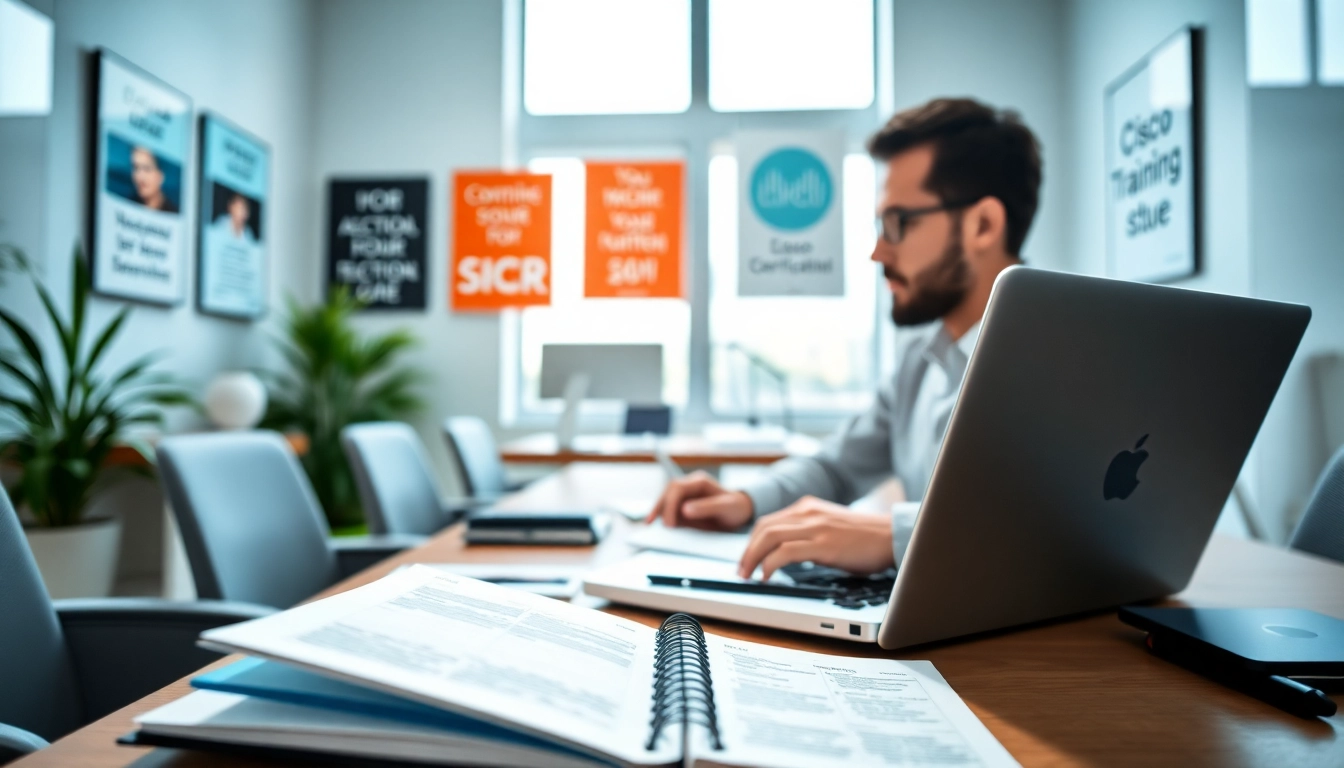 Renew Cisco Certification study space featuring a professional individual focusing on training materials.