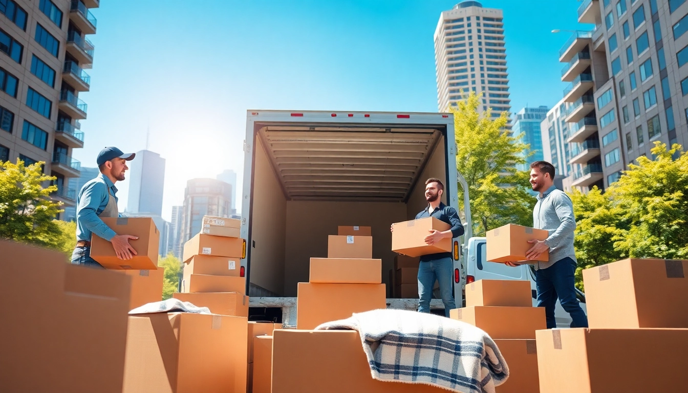 Action shot of moving companies in Toronto Ontario effectively carrying boxes in a vibrant urban environment.