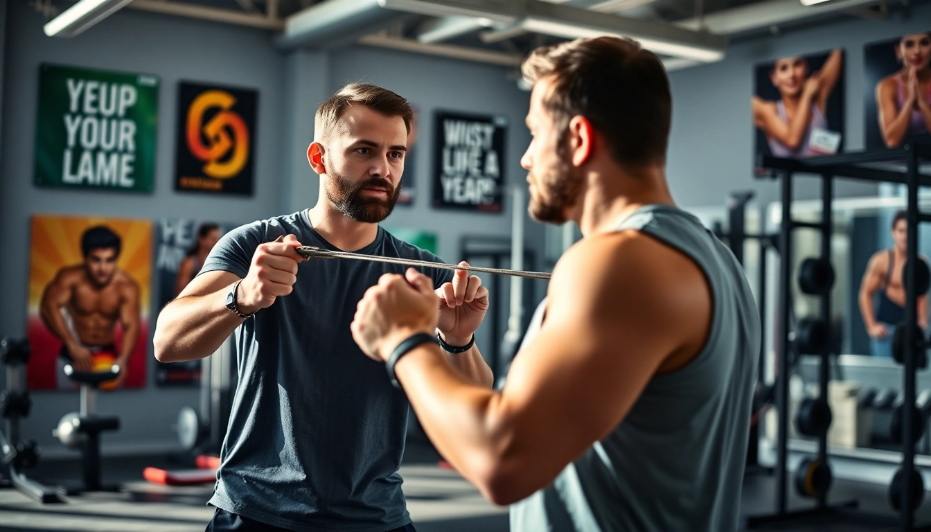 Personal trainer kent coaching a client during an exercise session in a well-lit gym environment.