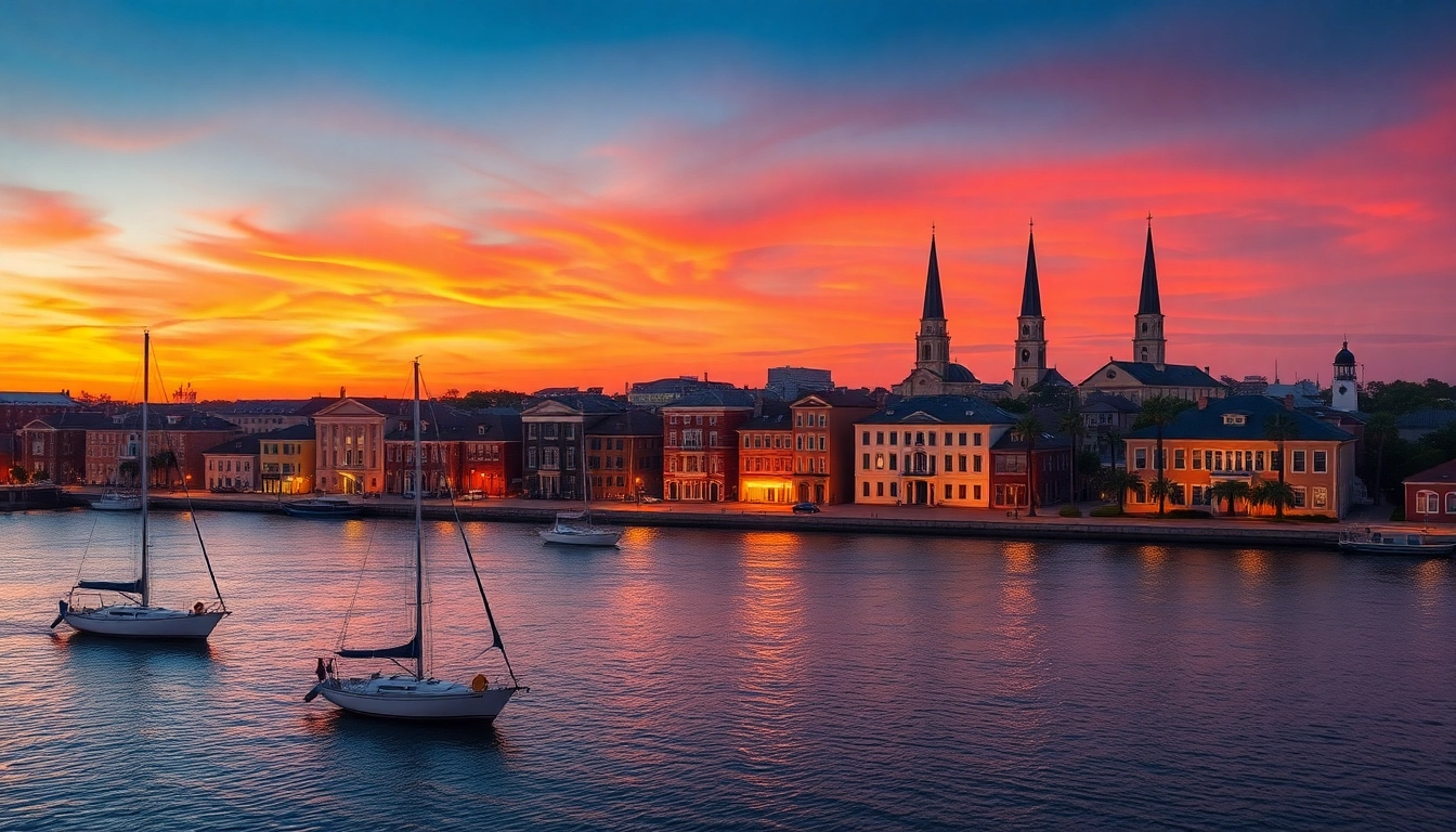 View of a stunning sunset over Charleston SC. featuring historic buildings and waterway reflections.