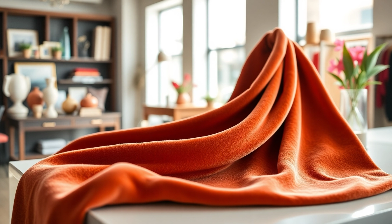 Velours de panne stof die elegant over een tafel valt, met rijke kleuren en textuur.