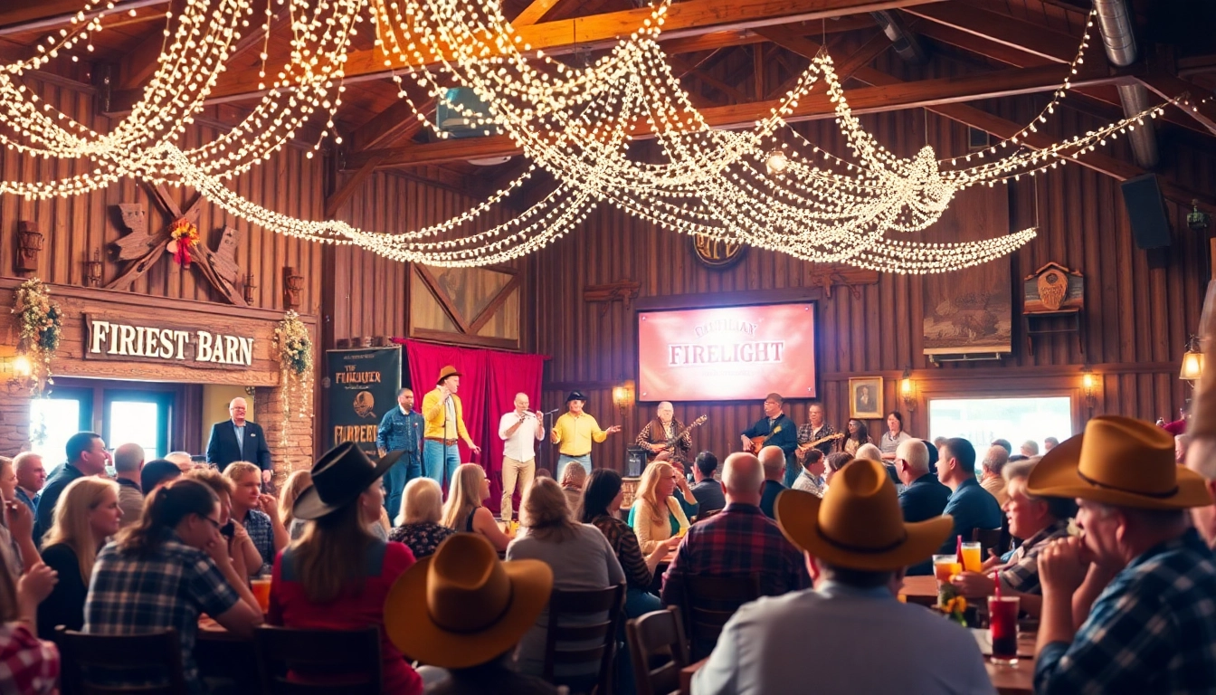 Guests enjoying a vibrant performance at firelight barn dinner theater amid lively decor and warm lighting.