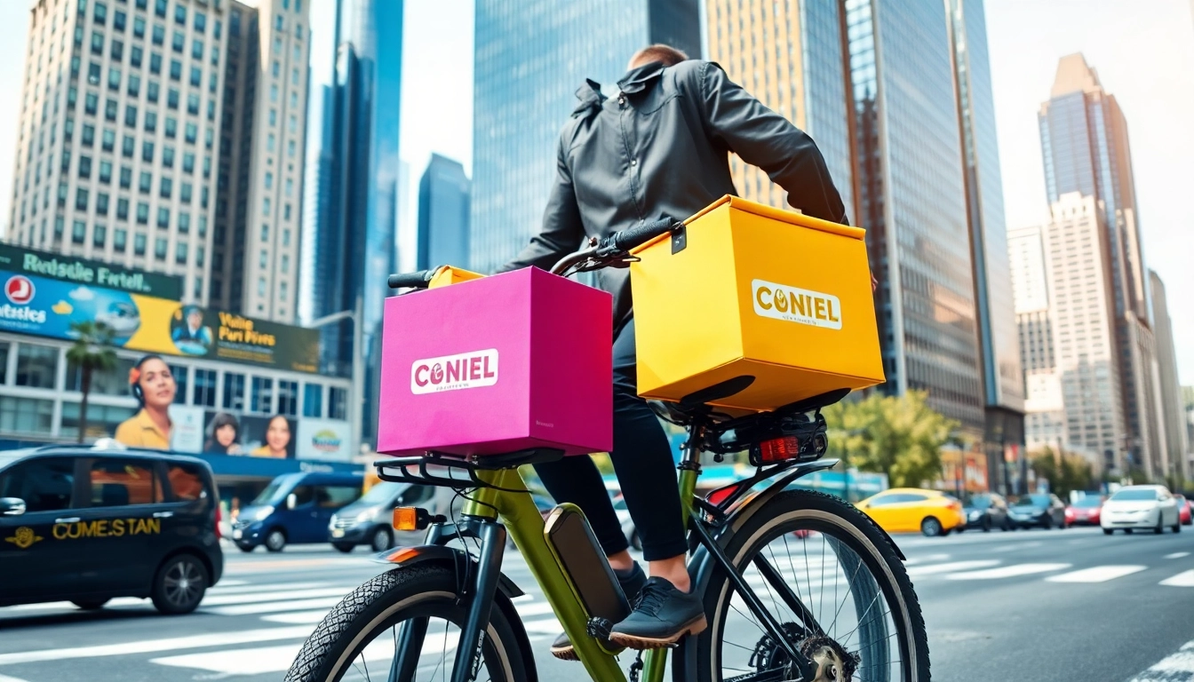 Couriers delivering packages in a busy urban environment on an electric bicycle.