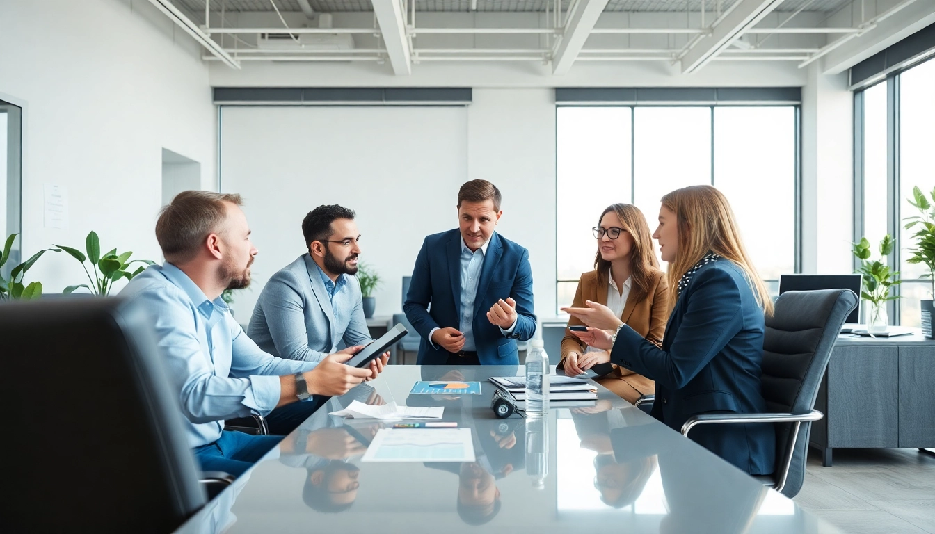 Engaged B2B buyer discussing strategies with team in a modern office environment.