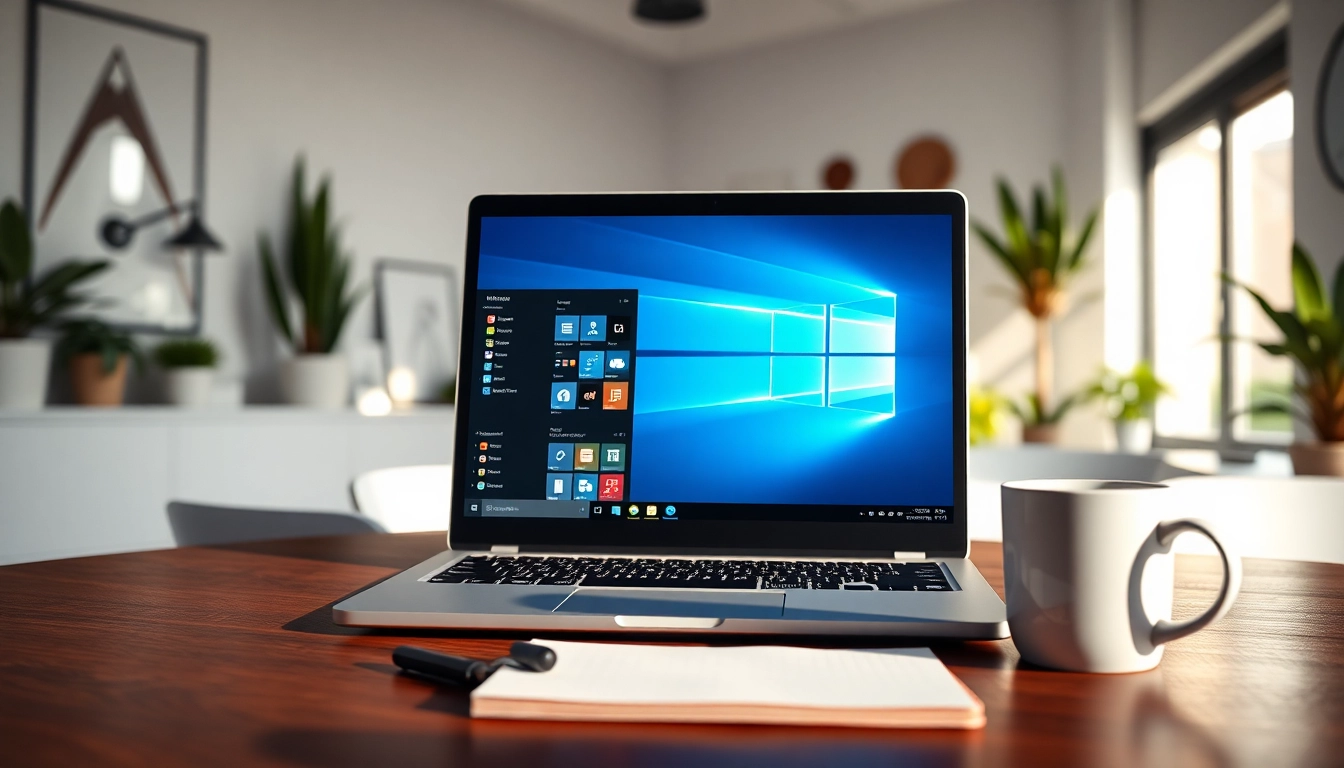Microsoft Windows auf einem modernen Laptop in einem einladenden Arbeitsumfeld verwenden.