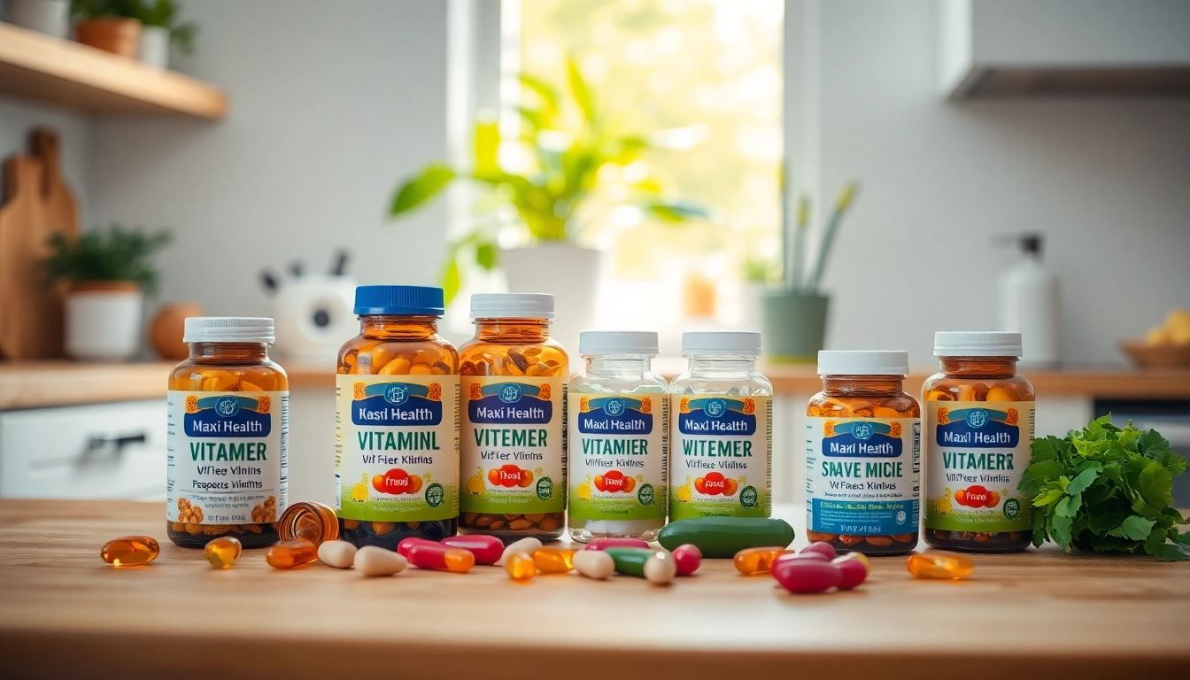 Showcasing vibrant Maxi Health kosher vitamins in an inviting kitchen setting, emphasizing health and wellness.
