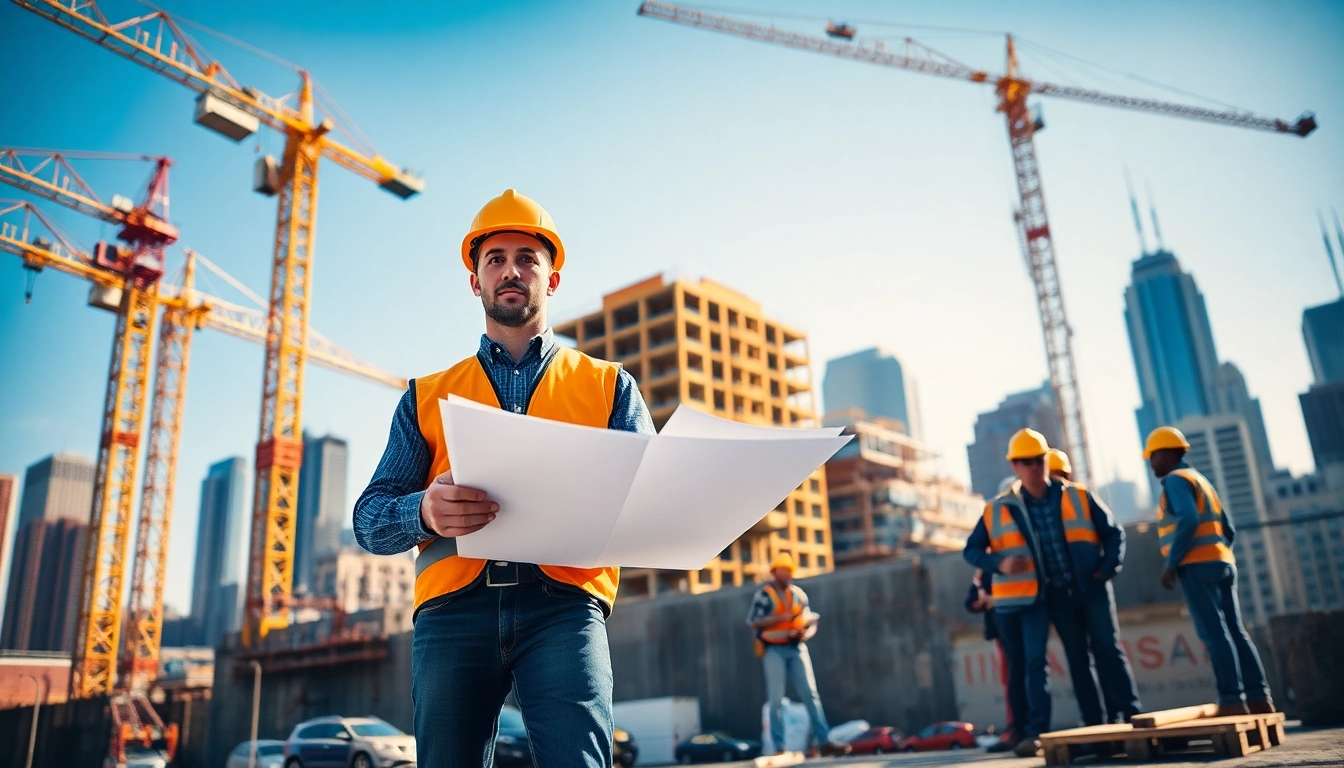 New York Construction Manager directing a bustling construction site with cranes and workers in action.