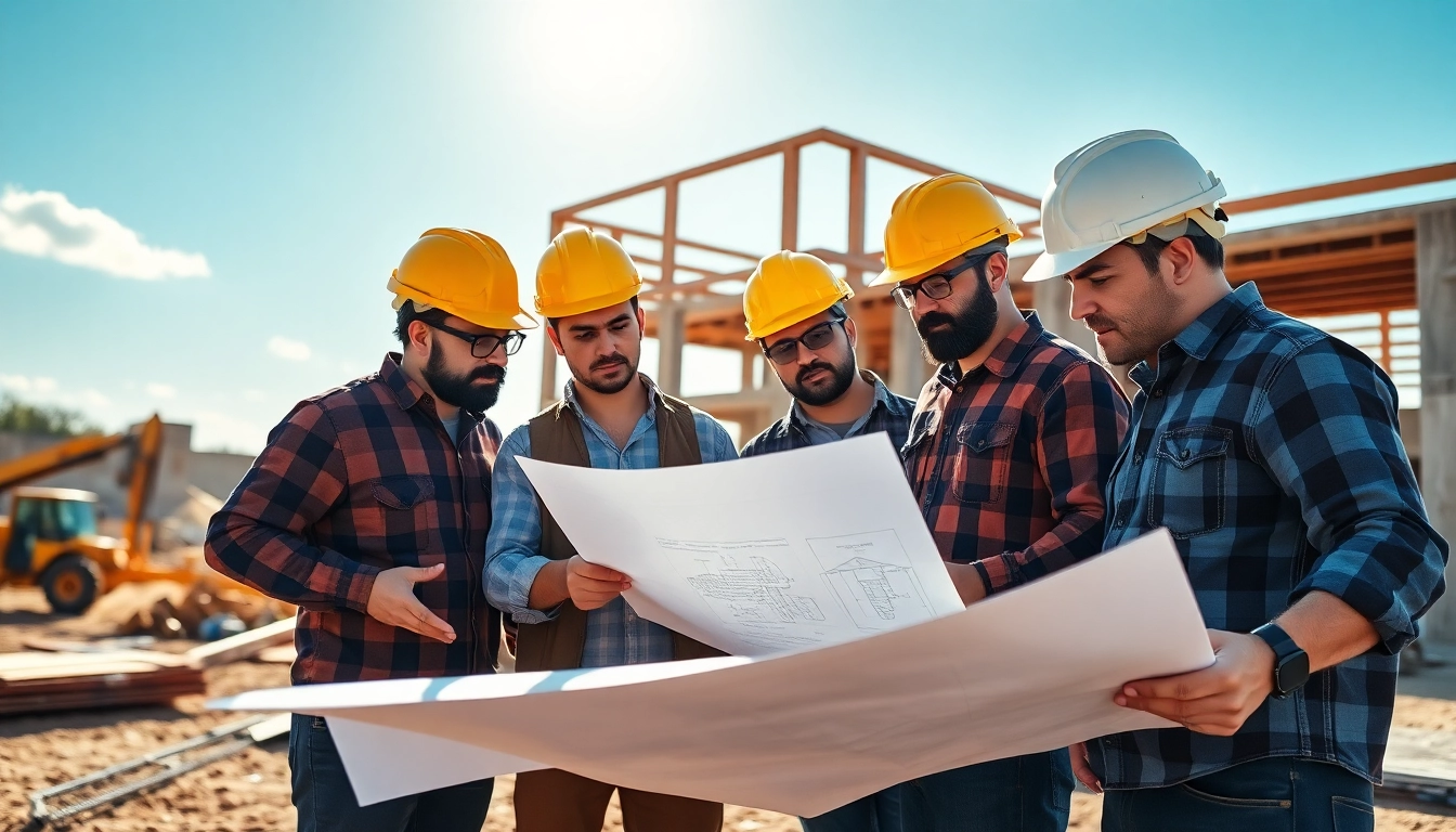 Builders studying plans for a project with the Texas association of builders in focus.