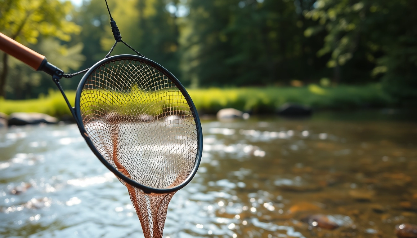 Utilizing a Fly fishing net against a tranquil river backdrop, showcasing its design and functionality.