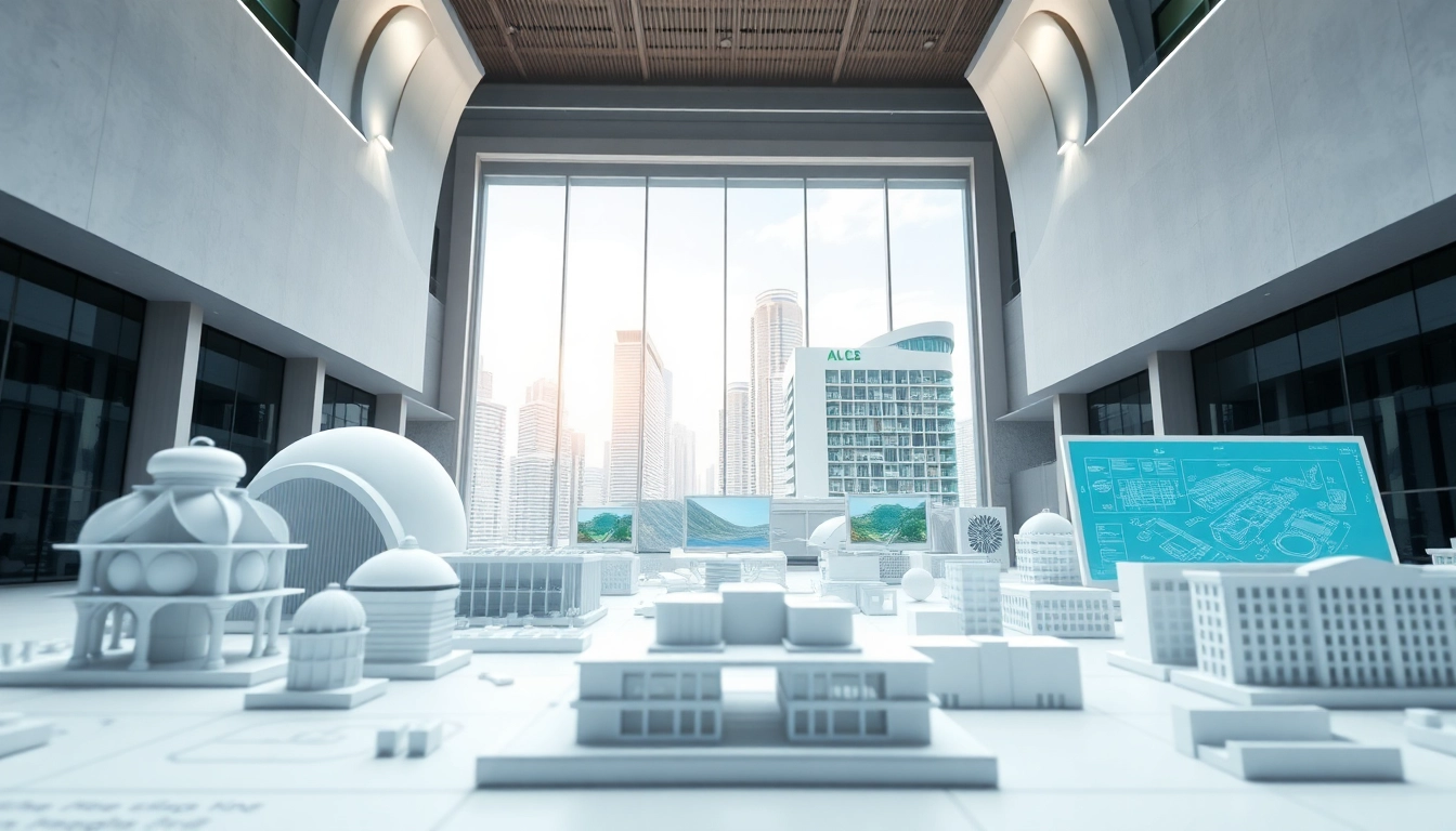 3d visualisierung einer modernen Architektur mit präzisen Details und städtischem Hintergrund.
