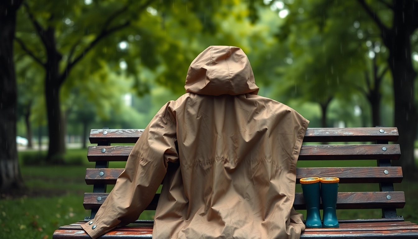 A trendy raincoat on a park bench, showcasing its sleek design amidst gentle rain.
