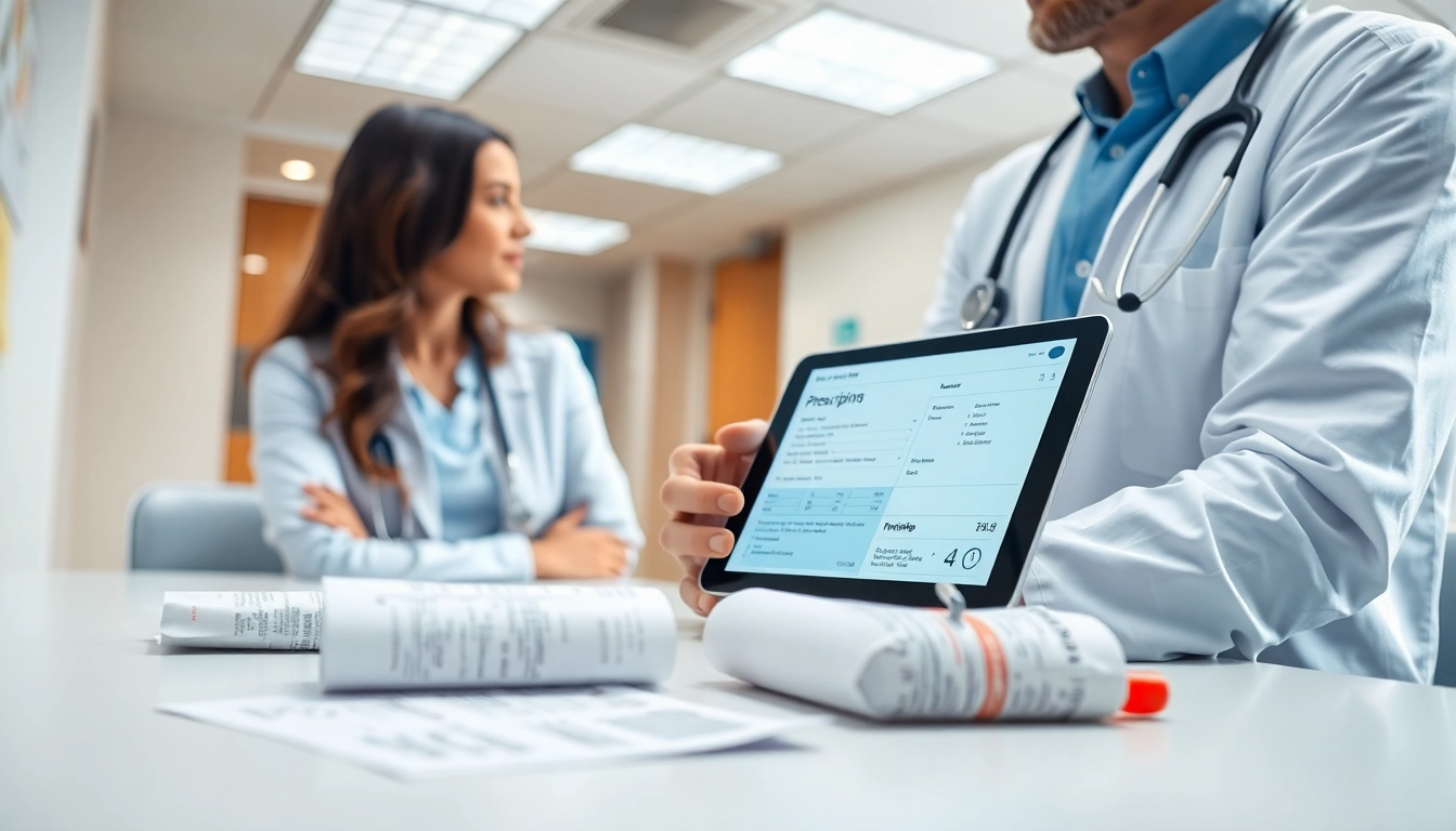 Illustration showing eprescribing vs traditional prescribing with doctor and patient in a modern healthcare setting.