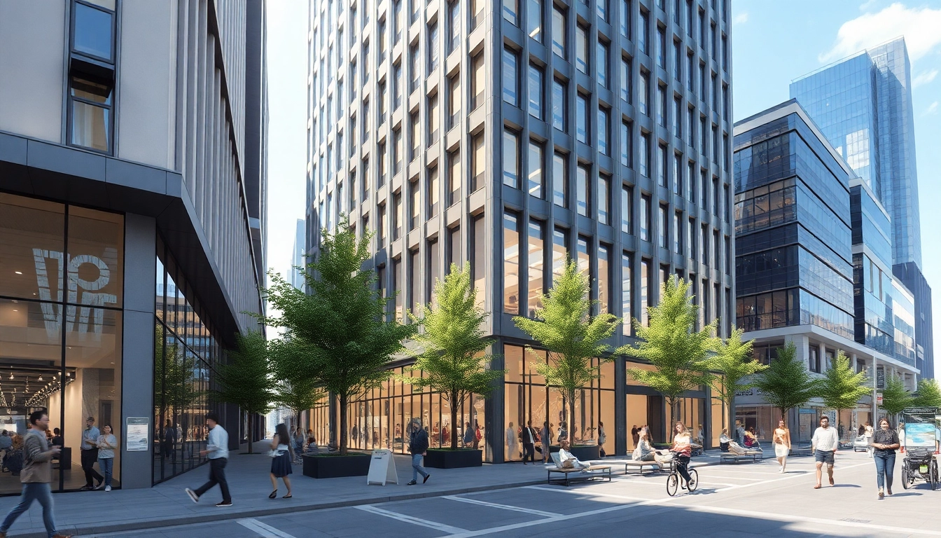 Visualisierung Architektur zeigt moderne Gebäude mit lebendiger Straßenszene und Straßendetails.